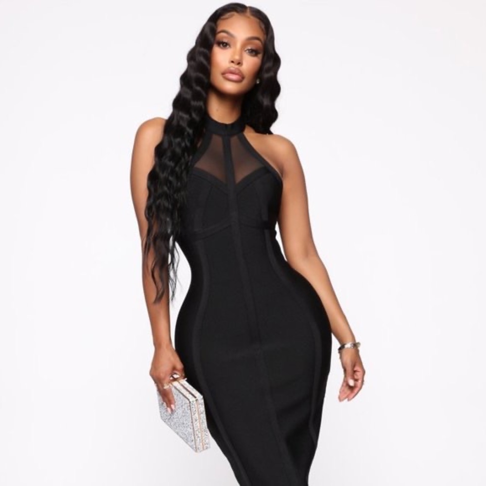 NWT Fashion Nova Midnight Escape Bandage Bodycon Halter Mesh Panels Dress XS - Picture 2 of 9